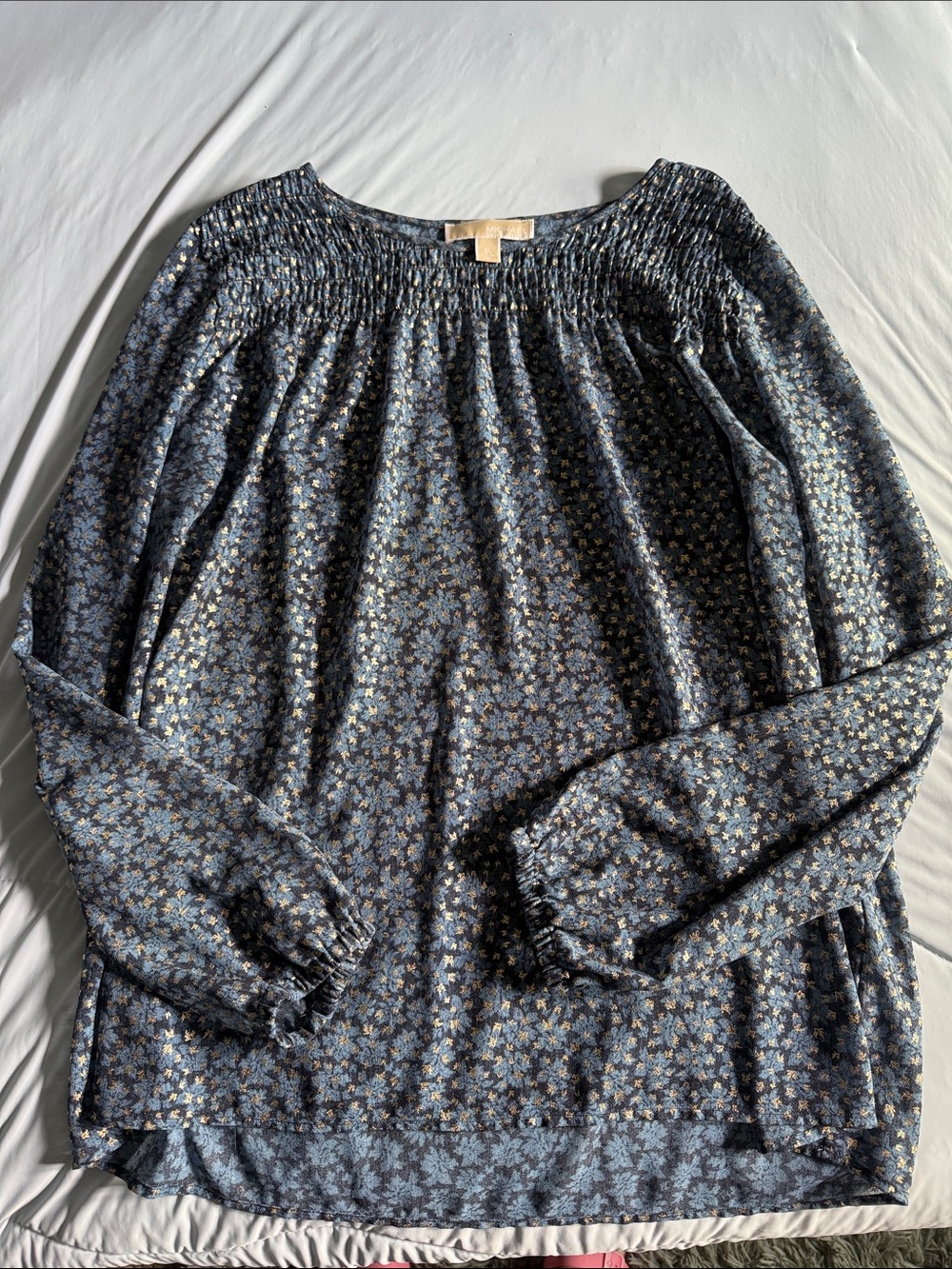 MICHAEL Michael Kors Blue Floral Smocked-Yoke Long Sleeve Blouse